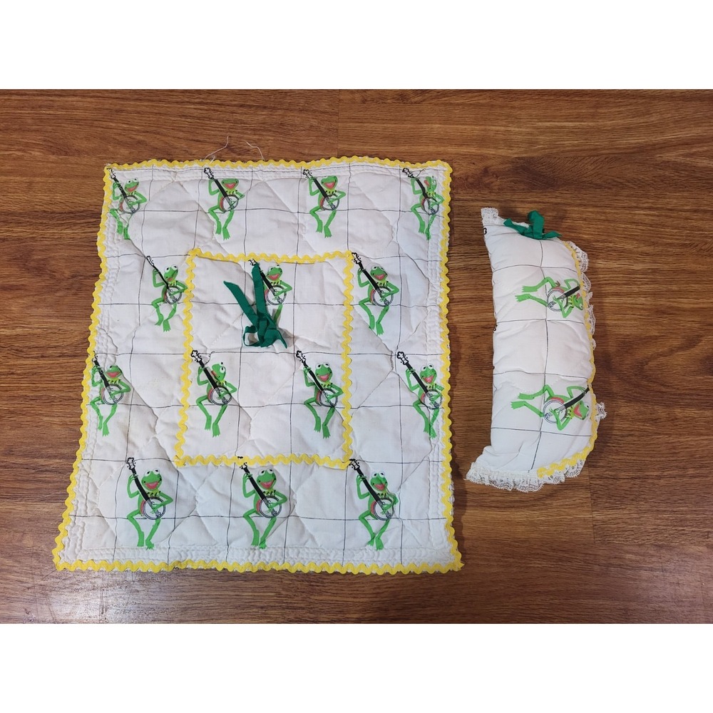 Vintage Handmade Kermit The Frog Doll Blanket & Pillow